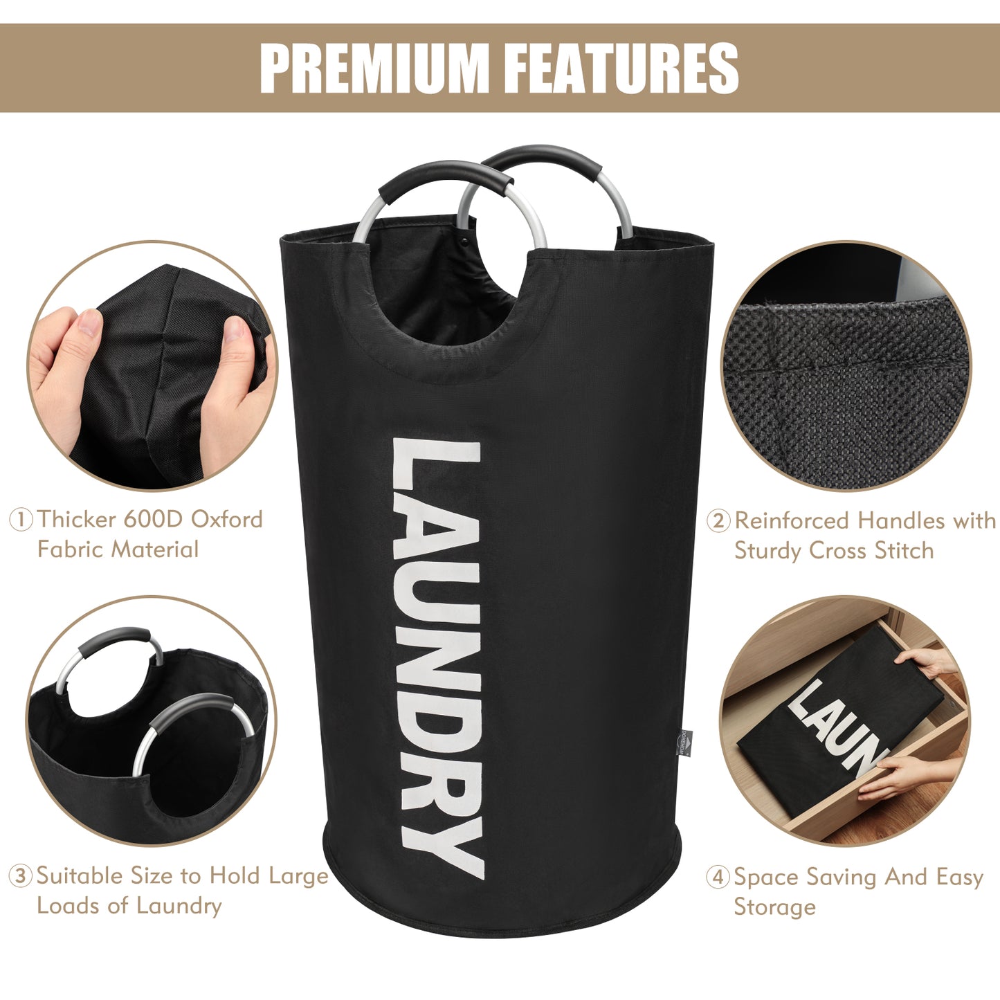 DOKEHOM 90L/125L/160L Large Laundry Basket, Collapsible Laundry Bag, Freestanding Tall Clothes Hamper, Foldable Washing Bin (Black)