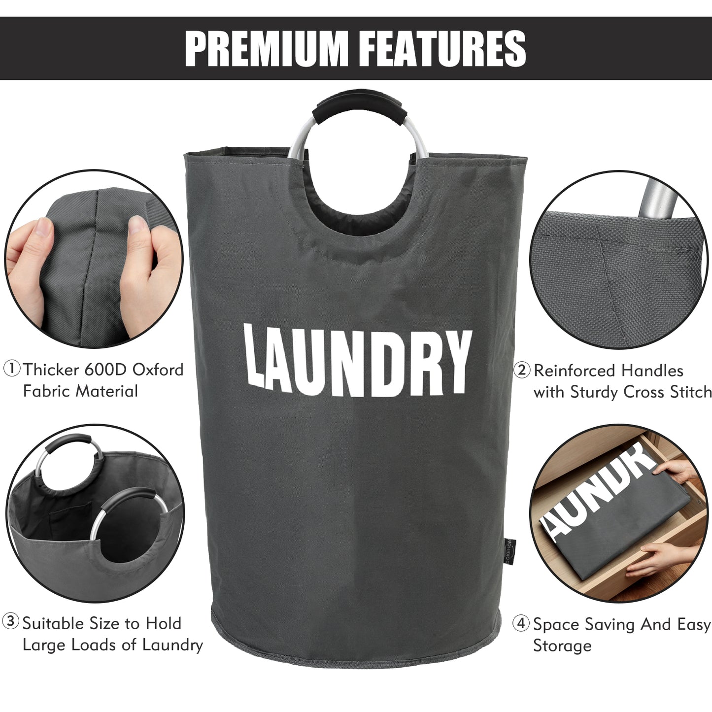 DOKEHOM 160L XX-Large Laundry Basket, Collapsible Laundry Bag, Freestanding Tall Clothes Hamper, Foldable Washing Bin (Dark Grey)