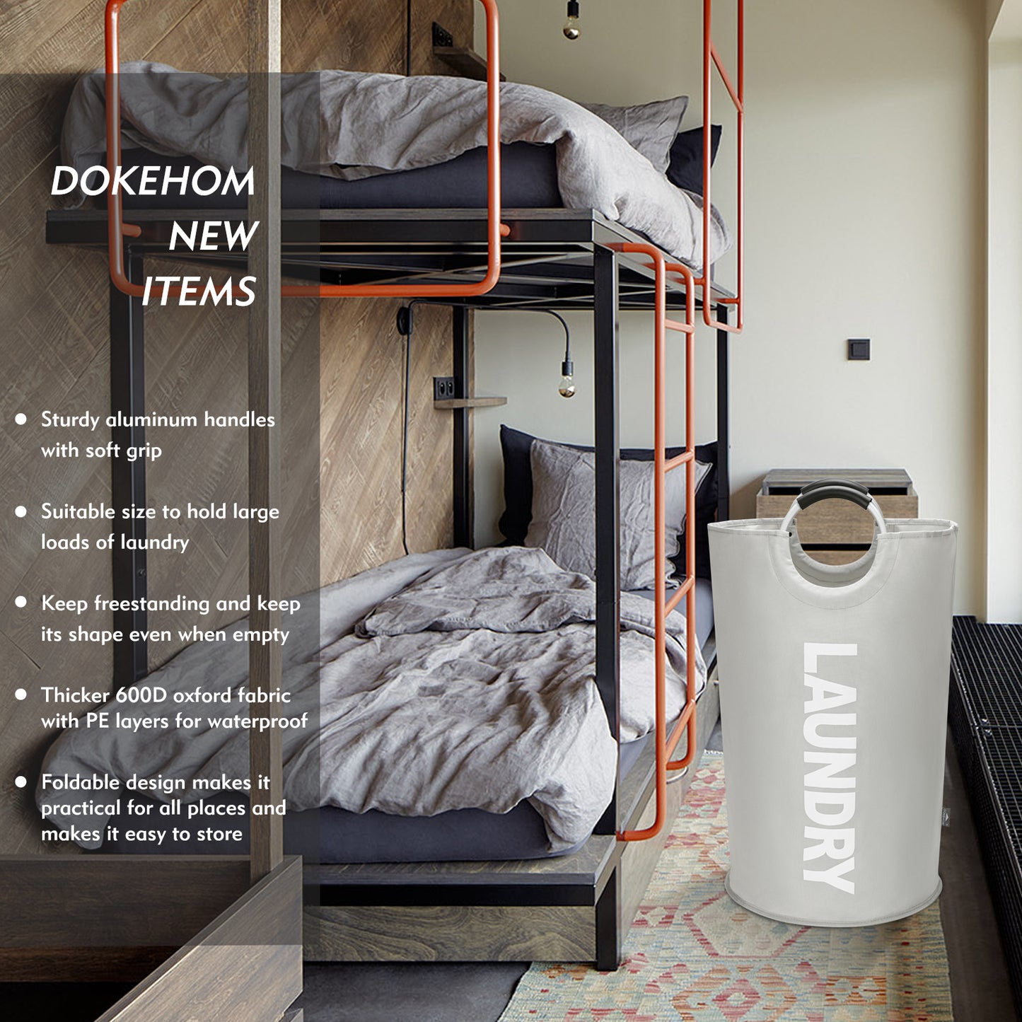 DOKEHOM 90L/125L/160L Large Laundry Basket, Collapsible Laundry Bag, Freestanding Tall Clothes Hamper, Foldable Washing Bin (Grey)