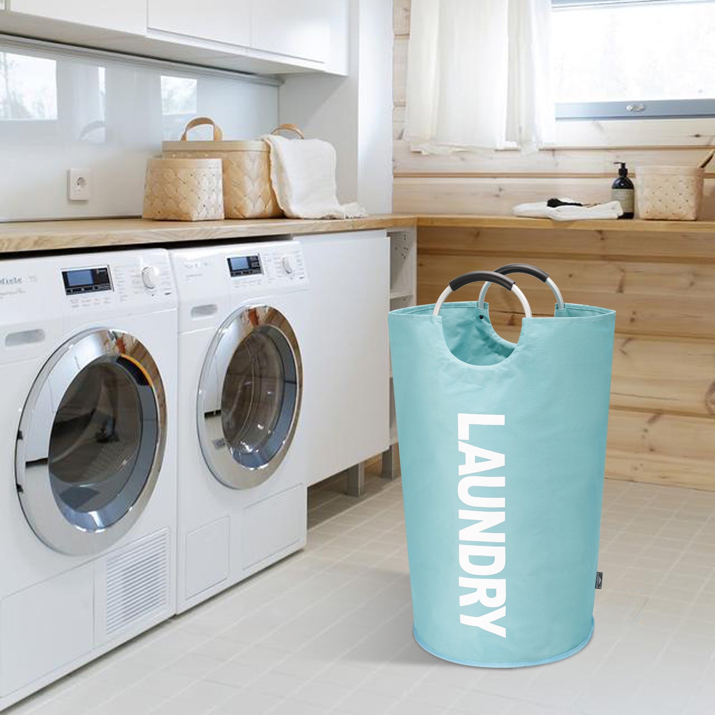 DOKEHOM 90L/125L Large Laundry Basket, Collapsible Laundry Bag, Freestanding Tall Clothes Hamper, Foldable Washing Bin (Light Blue)