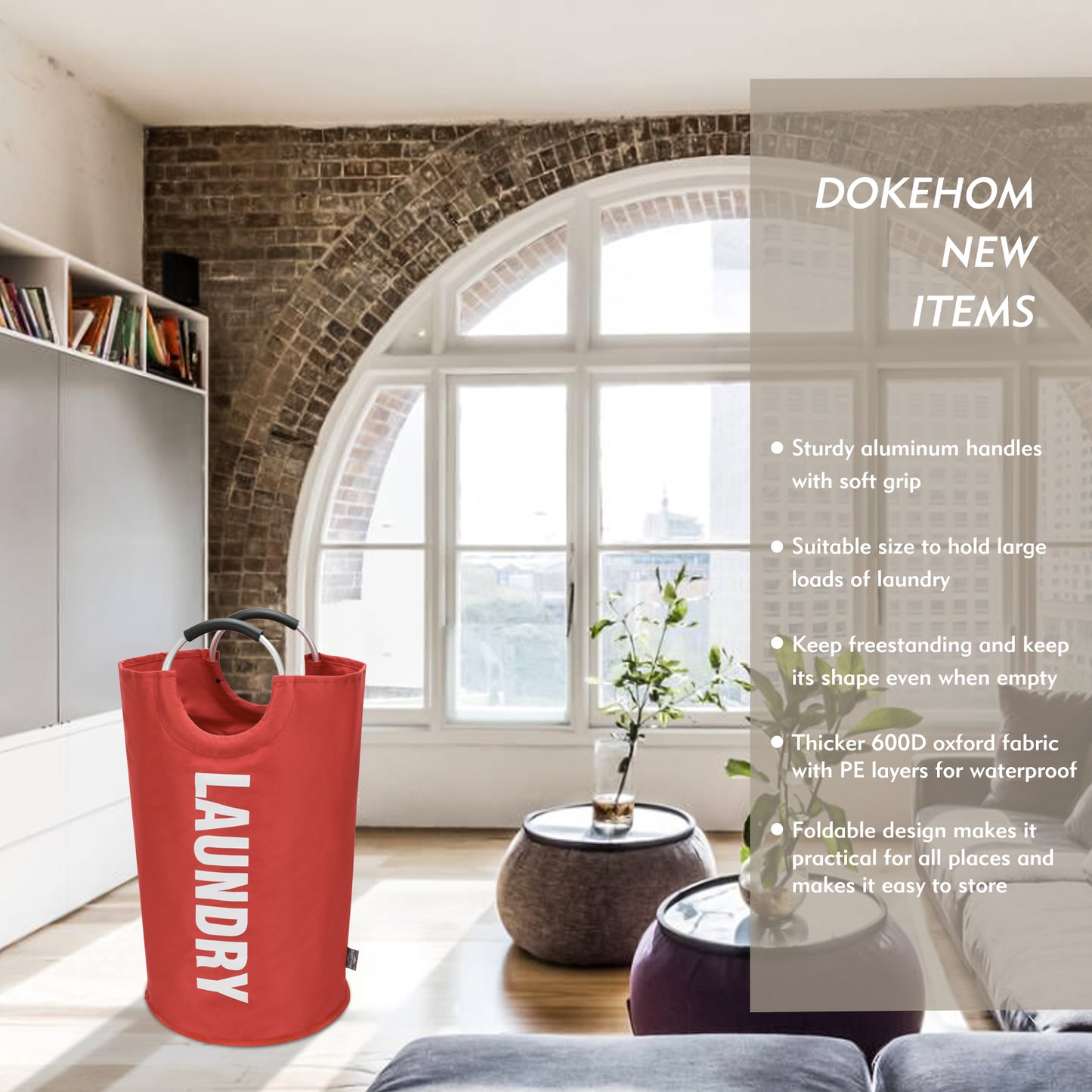 DOKEHOM 90L/125L Large Laundry Basket, Collapsible Laundry Bag, Freestanding Tall Clothes Hamper, Foldable Washing Bin (Red)