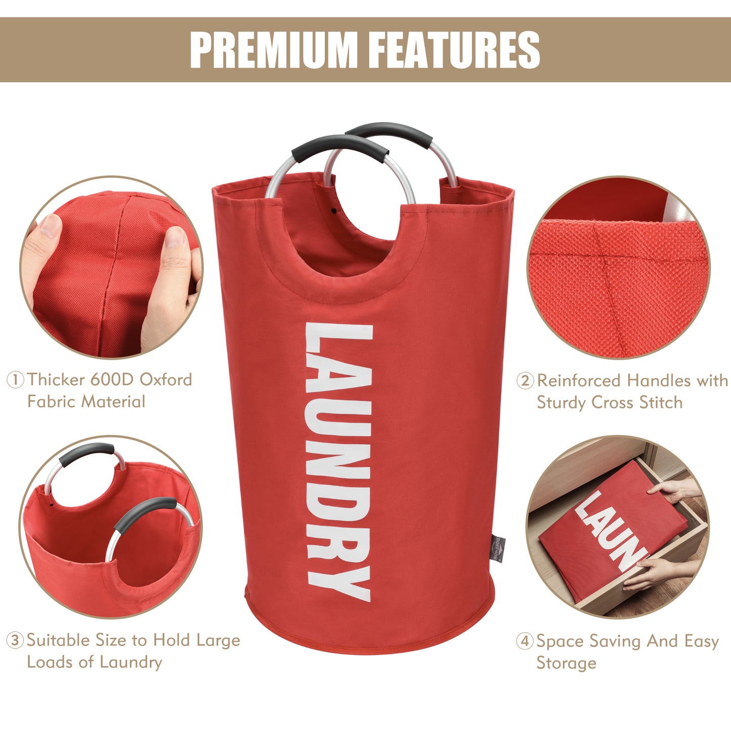 DOKEHOM 90L/125L Large Laundry Basket, Collapsible Laundry Bag, Freestanding Tall Clothes Hamper, Foldable Washing Bin (Red)