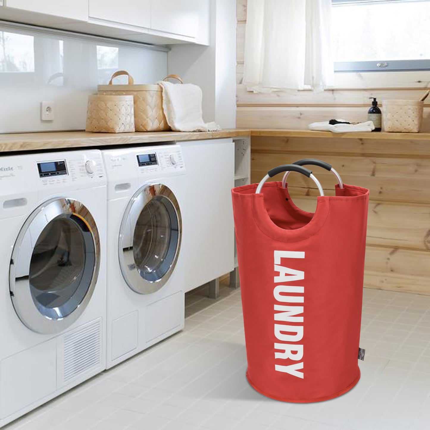 DOKEHOM 90L/125L Large Laundry Basket, Collapsible Laundry Bag, Freestanding Tall Clothes Hamper, Foldable Washing Bin (Red)