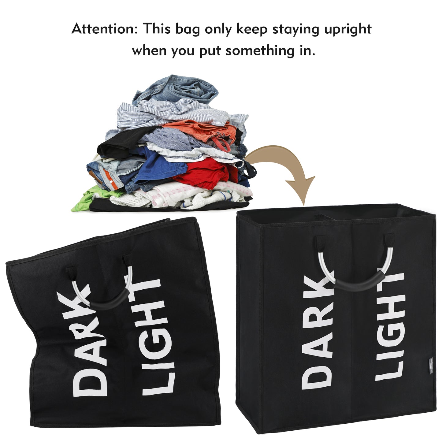 DOKEHOM 50L/80L/120L Large Collapsible Washing Laundry Basket Bag with 2 Sections for Bedroom, Fabric (Black)