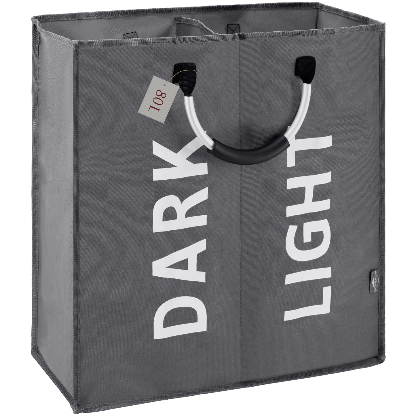 DOKEHOM 80L Large Collapsible Washing Laundry Basket Bag with 2 Sections for Bedroom, Fabric (Dark Grey)