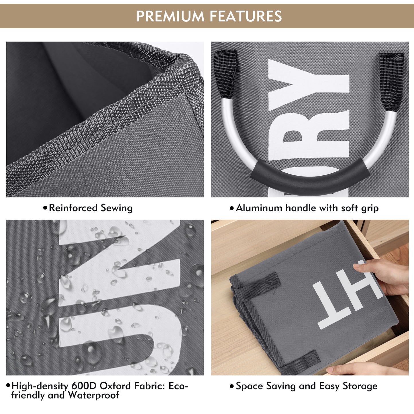 DOKEHOM 80L Large Collapsible Washing Laundry Basket Bag with 2 Sections for Bedroom, Fabric (Dark Grey)