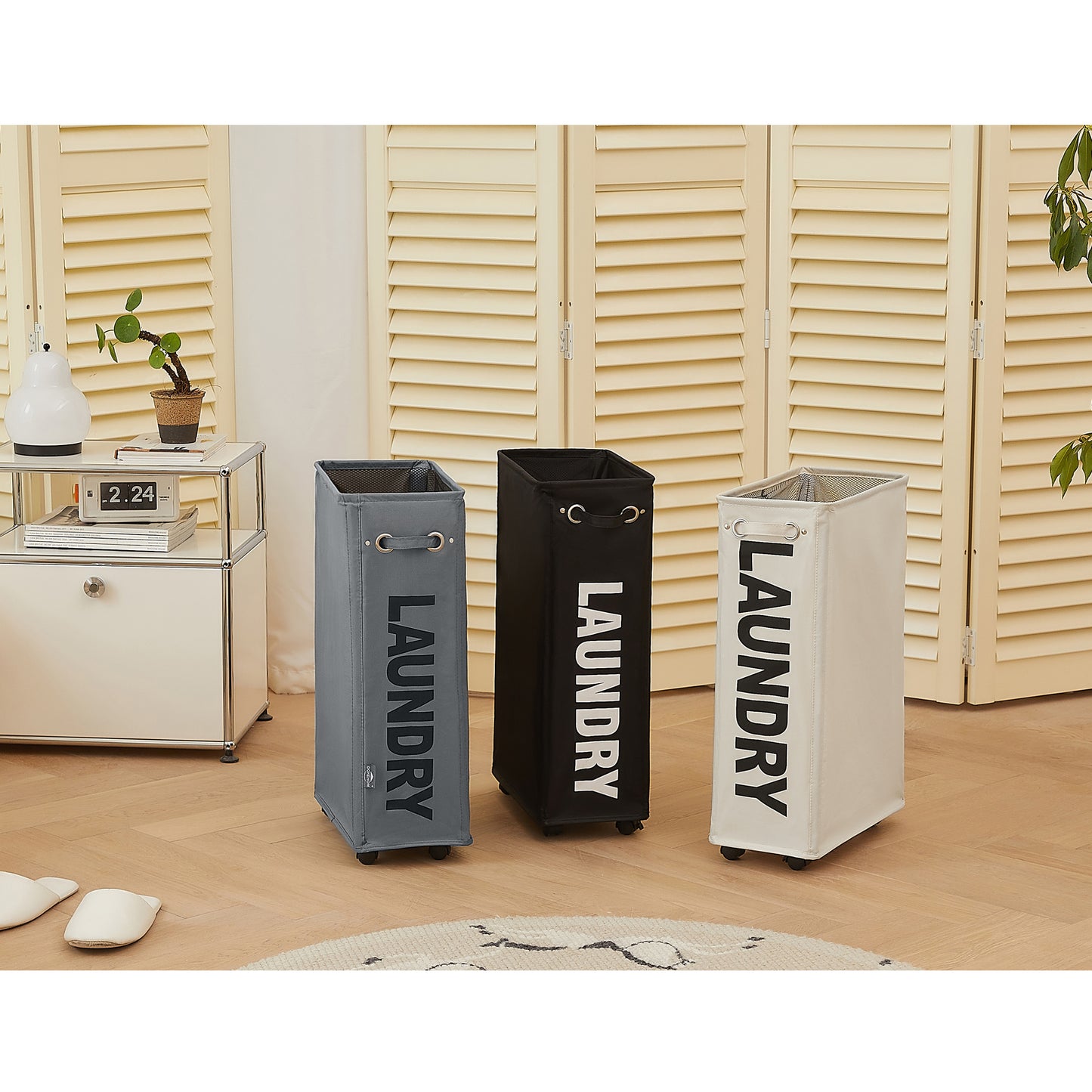 DOKEHOM Laundry Basket on Wheels, Collapsible Rolling Laundry Hamper, Foldable Corner Clothes Storage Bins