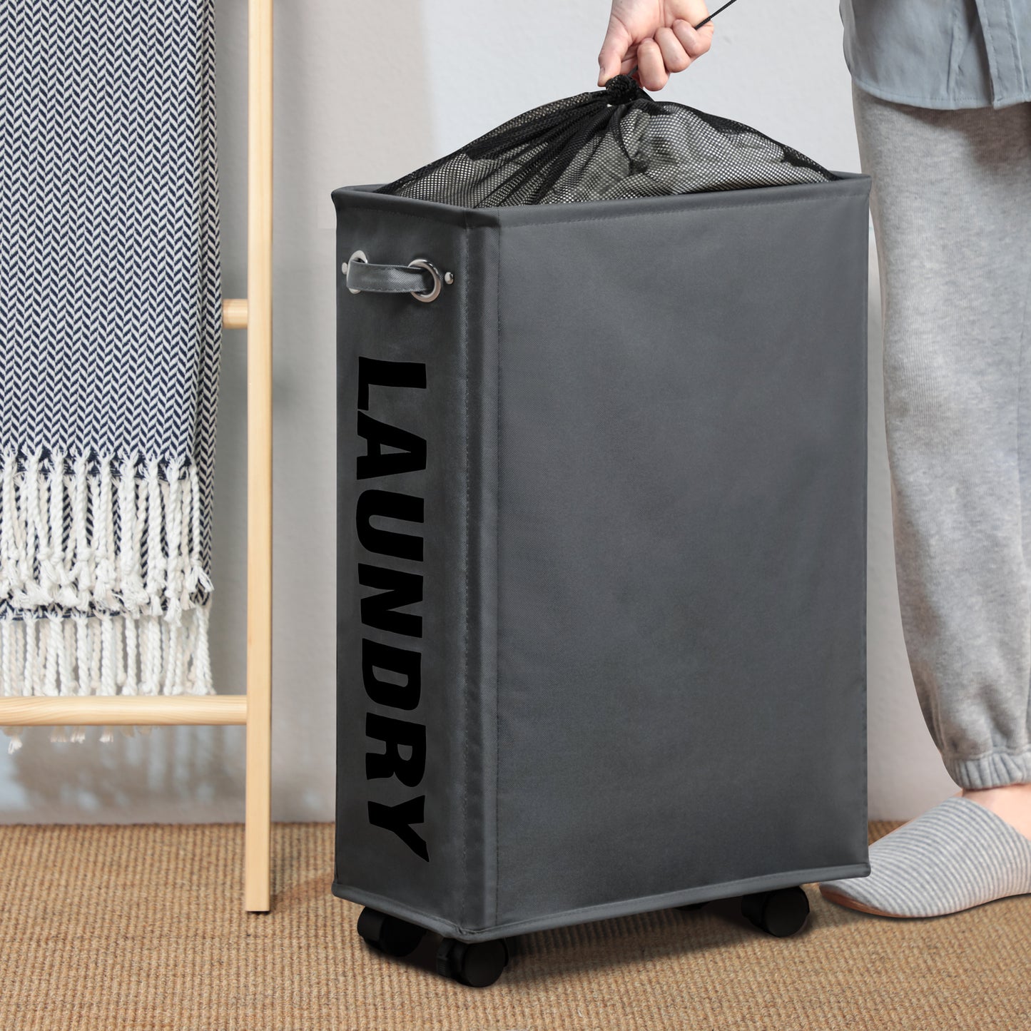 DOKEHOM Laundry Basket on Wheels, Collapsible Rolling Laundry Hamper, Foldable Corner Clothes Storage Bins