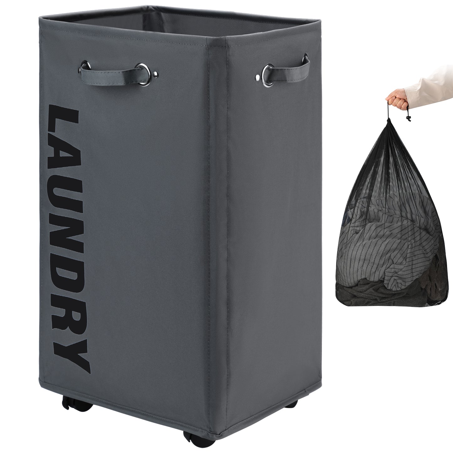 DOKEHOM Laundry Basket on Wheels, Collapsible Rolling Laundry Hamper, Foldable Corner Clothes Storage Bins