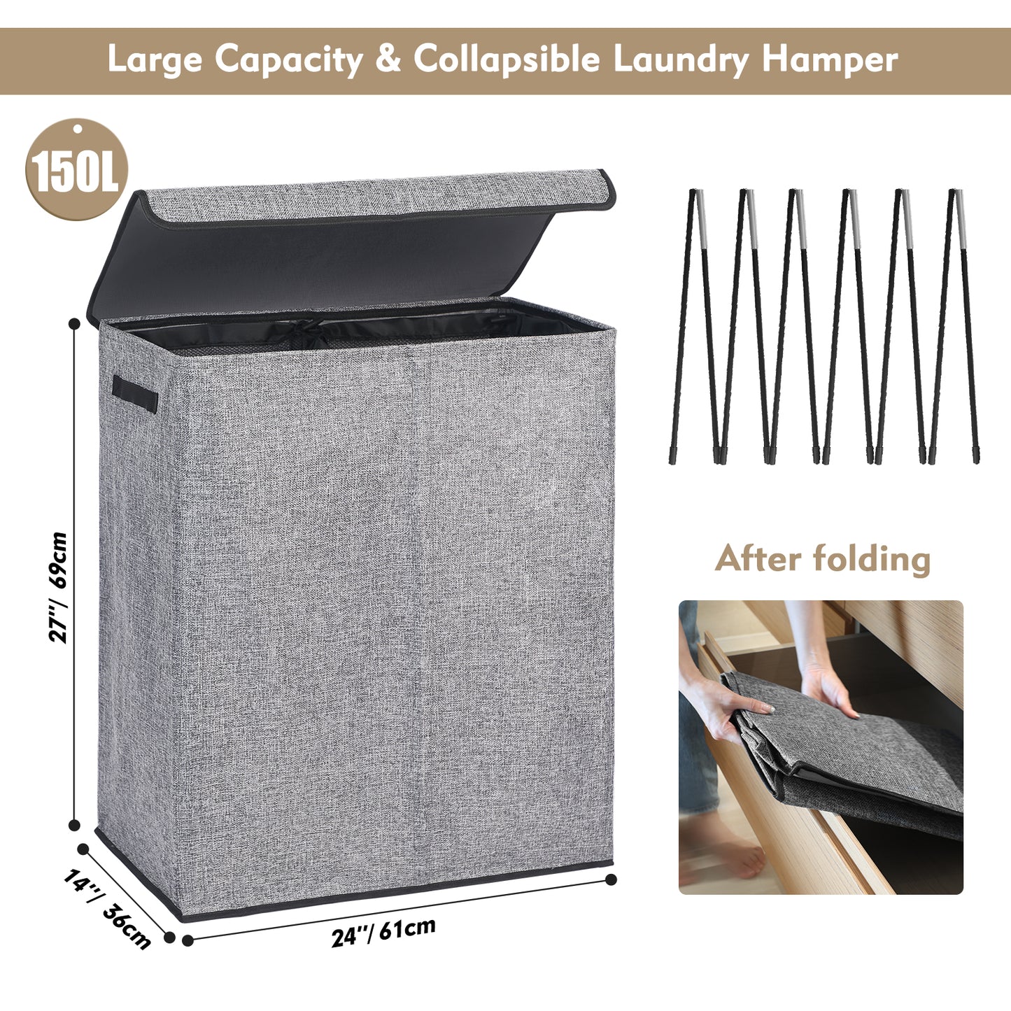 DOKEHOM Laundry Basket with Lid and Removable Laundry Bags, Large Collapsible Laundry Hamper for Bedroom, Bathroom, Laundry Room, Colloge