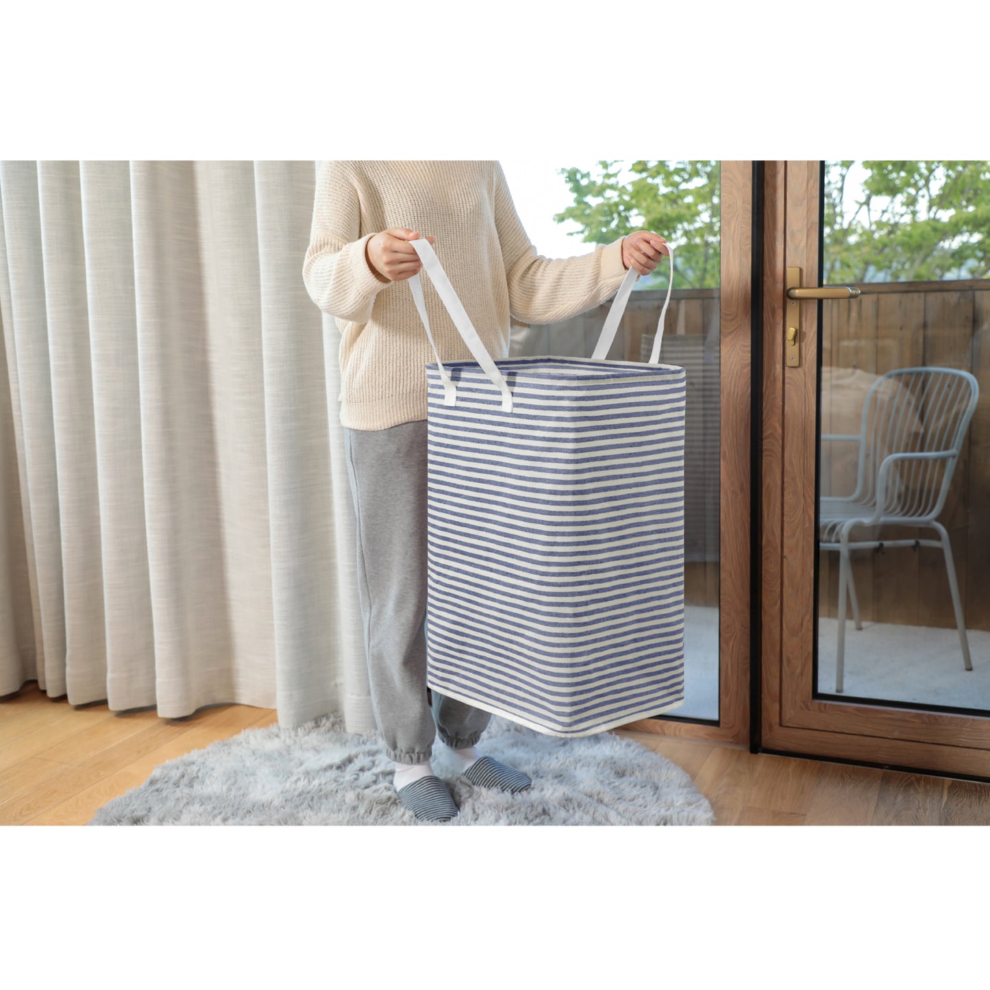DOKEHOM 80L Freestanding Laundry Hamper with Handle, Collapsible Large Cotton Storage Basket for Clothes (Blue)