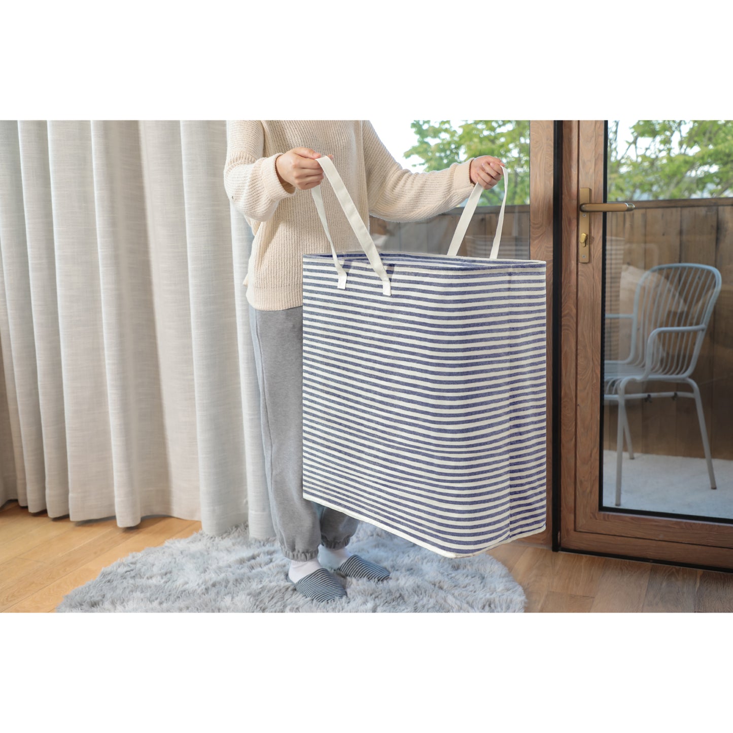 DOKEHOM 120L Freestanding Laundry Hamper with Handle, Collapsible Extra Large Cotton Storage Basket for Clothes (Blue)