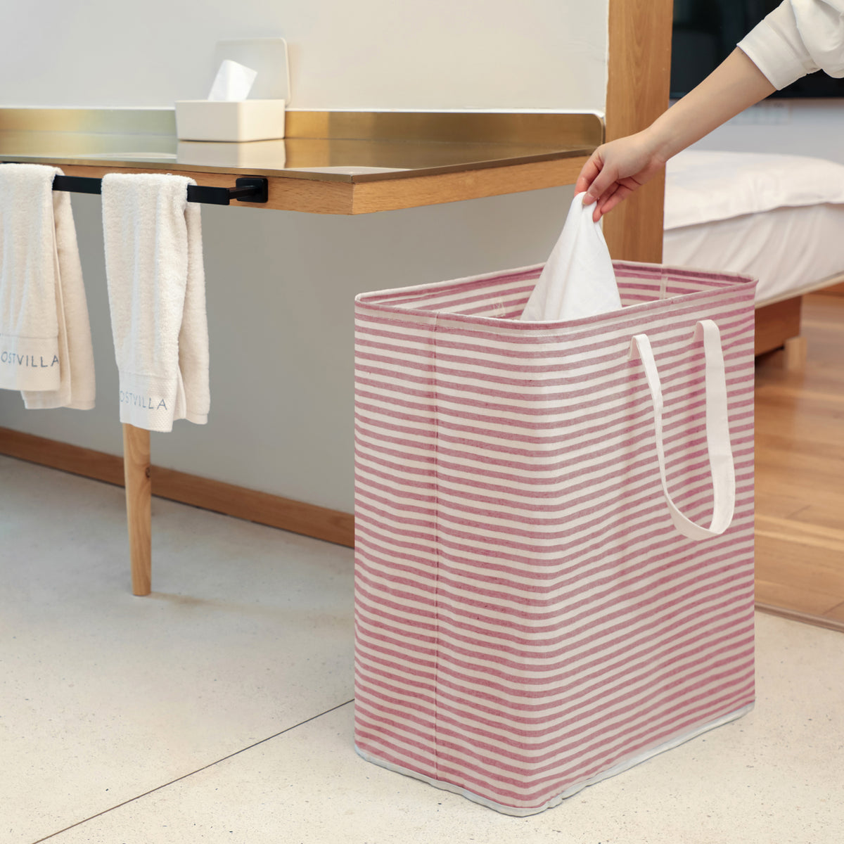 DOKEHOM 120L Freestanding Laundry Hamper with Handle, Collapsible Extra Large Cotton Storage Basket for Clothes (Pink)