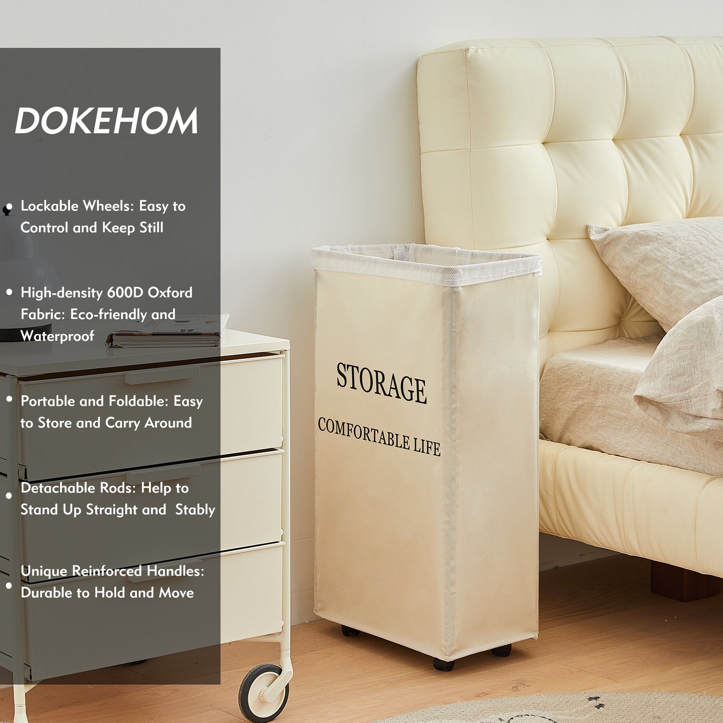 DOKEHOM Slim Wheeled Laundry Hamper with Removable Washing Bag, Beige