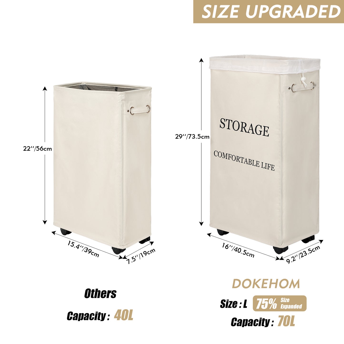 DOKEHOM Slim Wheeled Laundry Hamper with Removable Washing Bag, Beige