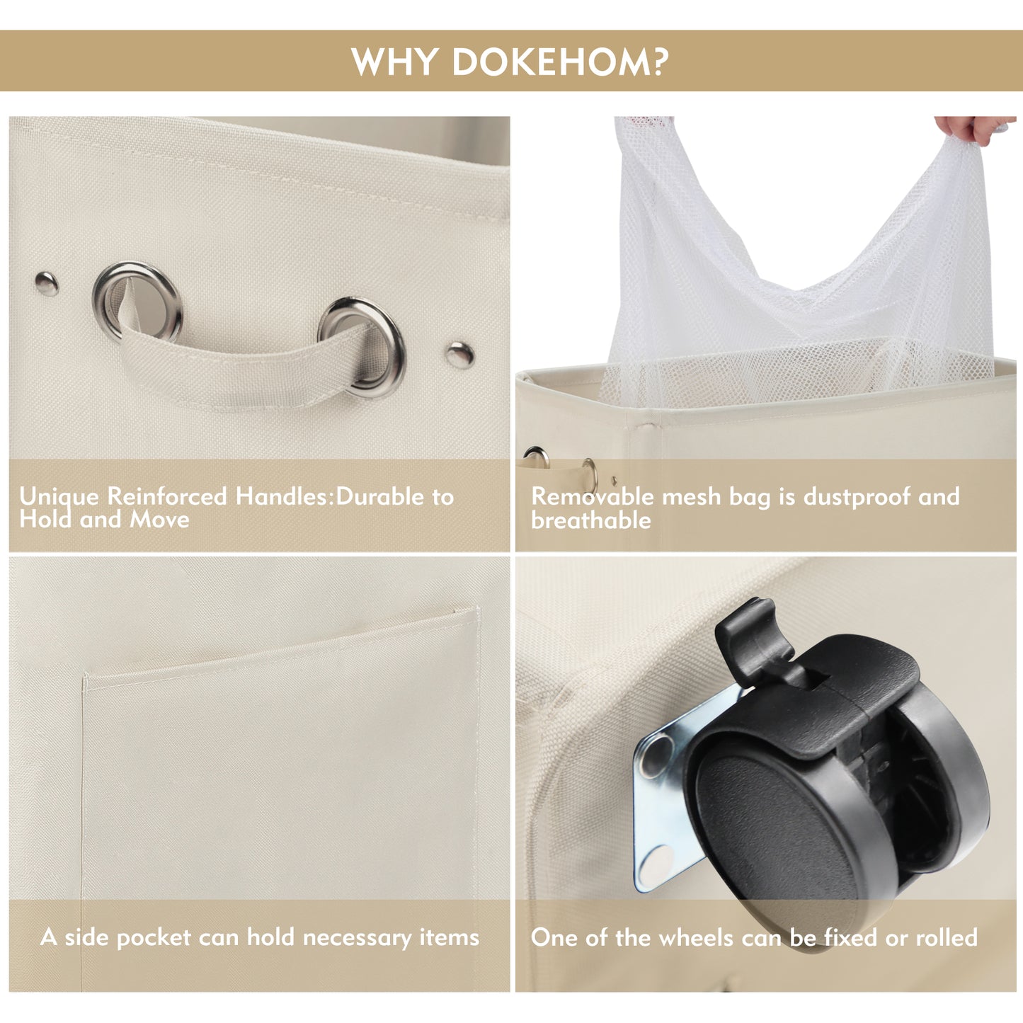 DOKEHOM Slim Wheeled Laundry Hamper with Removable Washing Bag, Beige