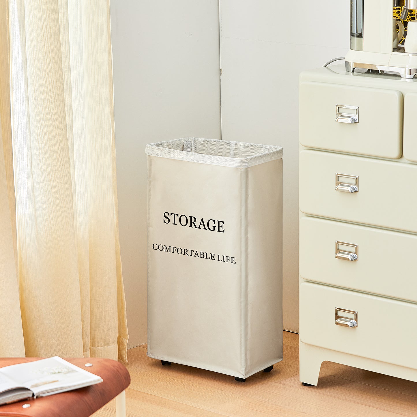DOKEHOM Slim Wheeled Laundry Hamper with Removable Washing Bag, Beige
