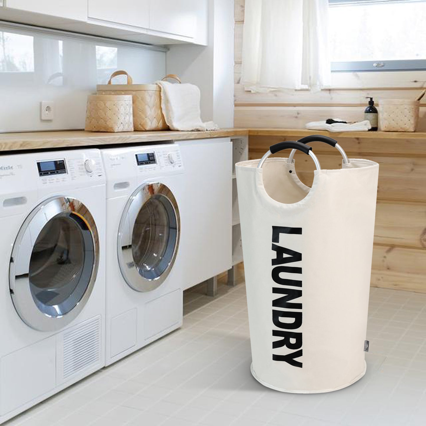 DOKEHOM 90L/125L Large Laundry Basket, Collapsible Laundry Bag, Freestanding Tall Clothes Hamper, Foldable Washing Bin (Beige)