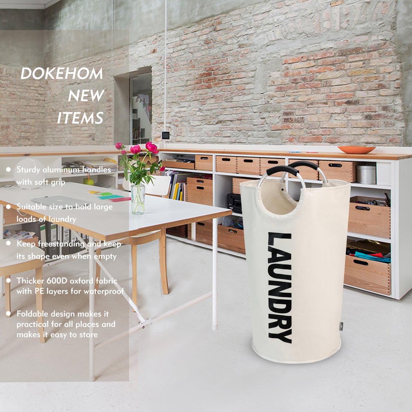 DOKEHOM 90L/125L Large Laundry Basket, Collapsible Laundry Bag, Freestanding Tall Clothes Hamper, Foldable Washing Bin (Beige)