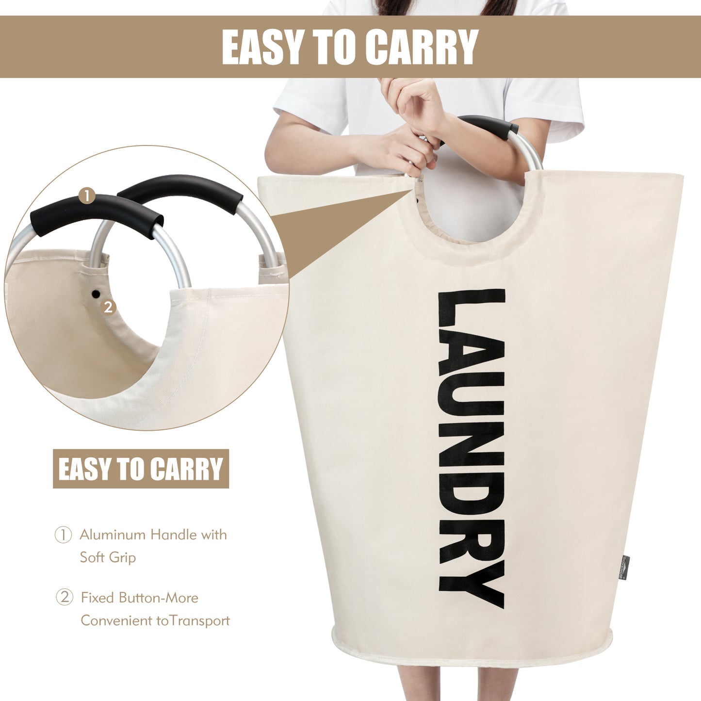 DOKEHOM 90L/125L Large Laundry Basket, Collapsible Laundry Bag, Freestanding Tall Clothes Hamper, Foldable Washing Bin (Beige)