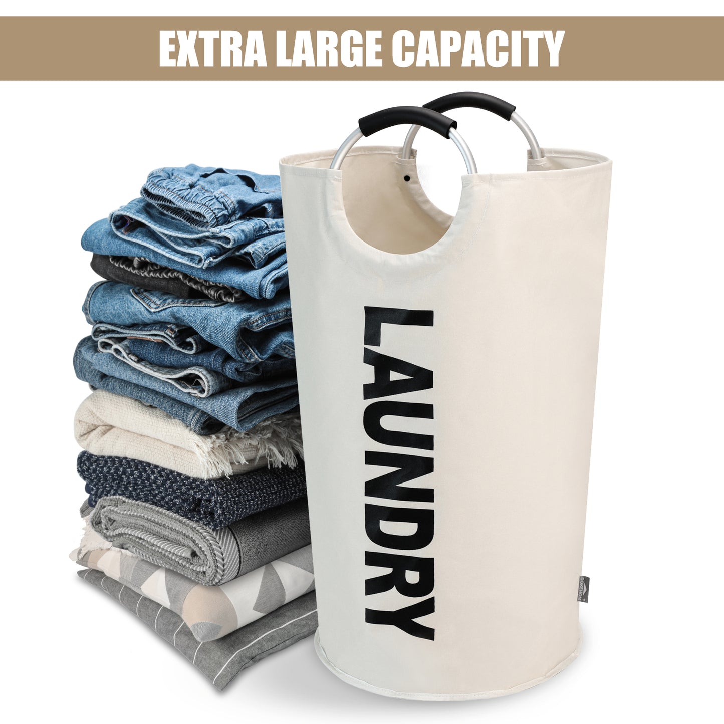 DOKEHOM 90L Large Laundry Basket, Collapsible Laundry Bag, Freestanding Tall Clothes Hamper, Foldable Washing Bin (Beige)