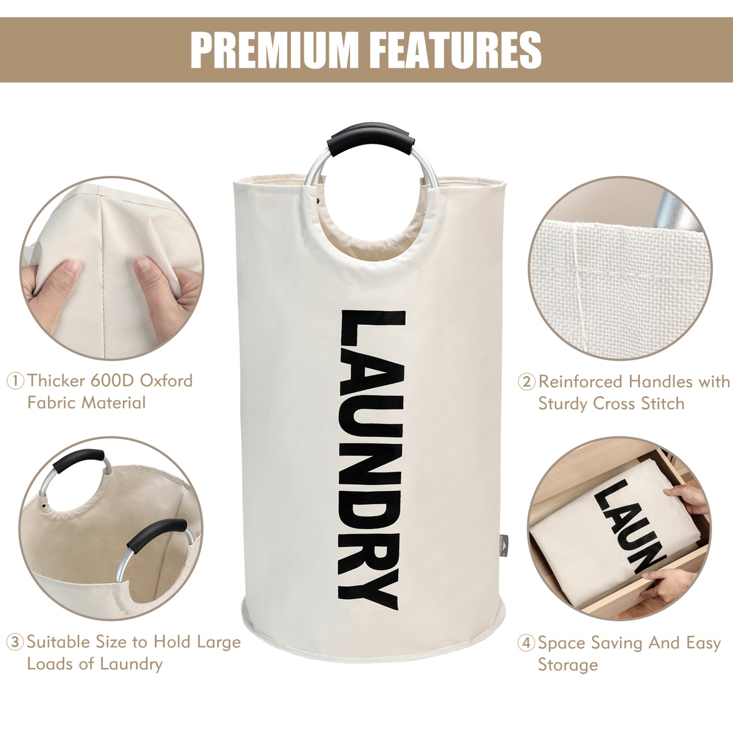 DOKEHOM 90L/125L Large Laundry Basket, Collapsible Laundry Bag, Freestanding Tall Clothes Hamper, Foldable Washing Bin (Beige)