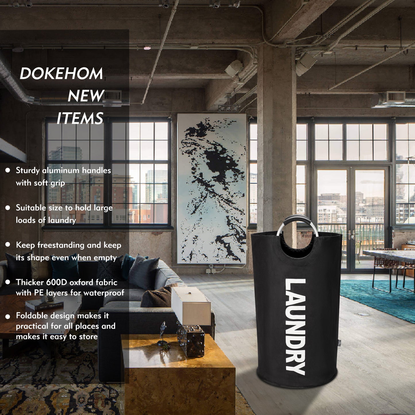 DOKEHOM 90L/125L/160L Large Laundry Basket, Collapsible Laundry Bag, Freestanding Tall Clothes Hamper, Foldable Washing Bin (Black)