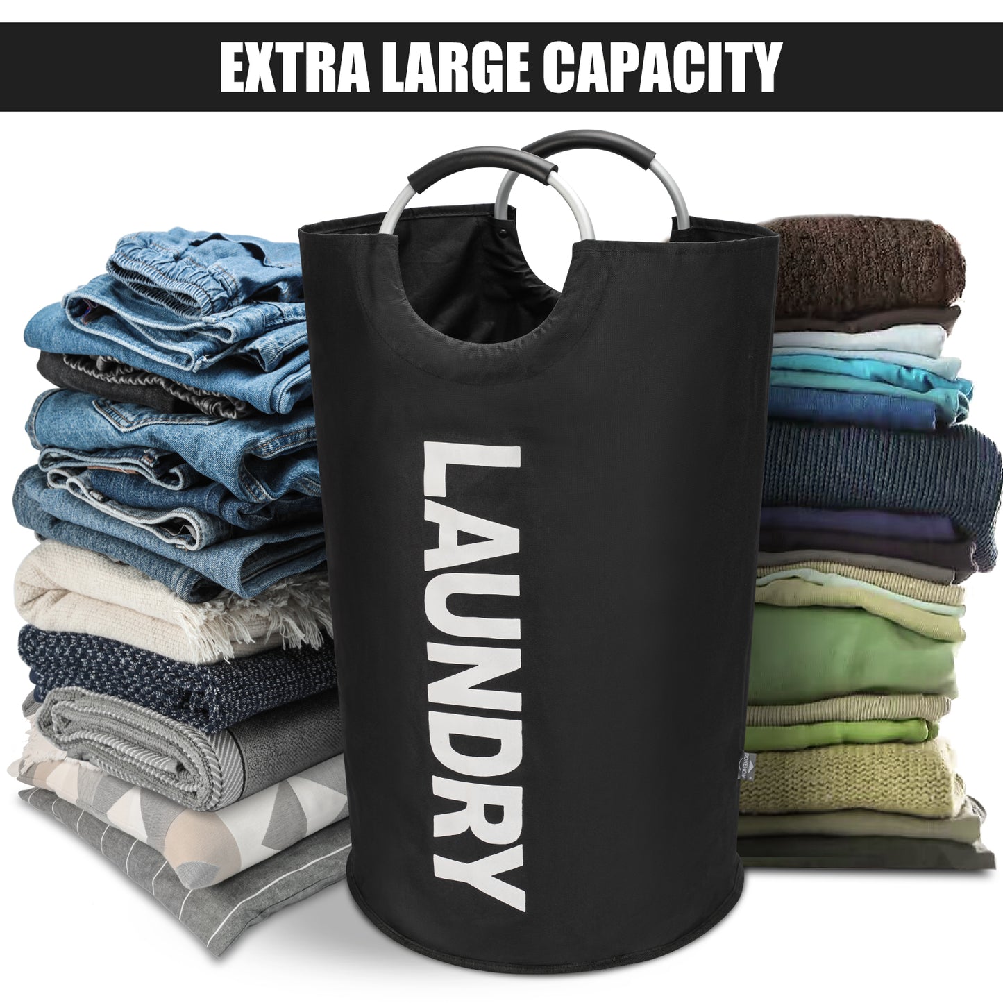 DOKEHOM 125L X-Large Laundry Basket, Collapsible Laundry Bag, Freestanding Tall Clothes Hamper, Foldable Washing Bin (Black)
