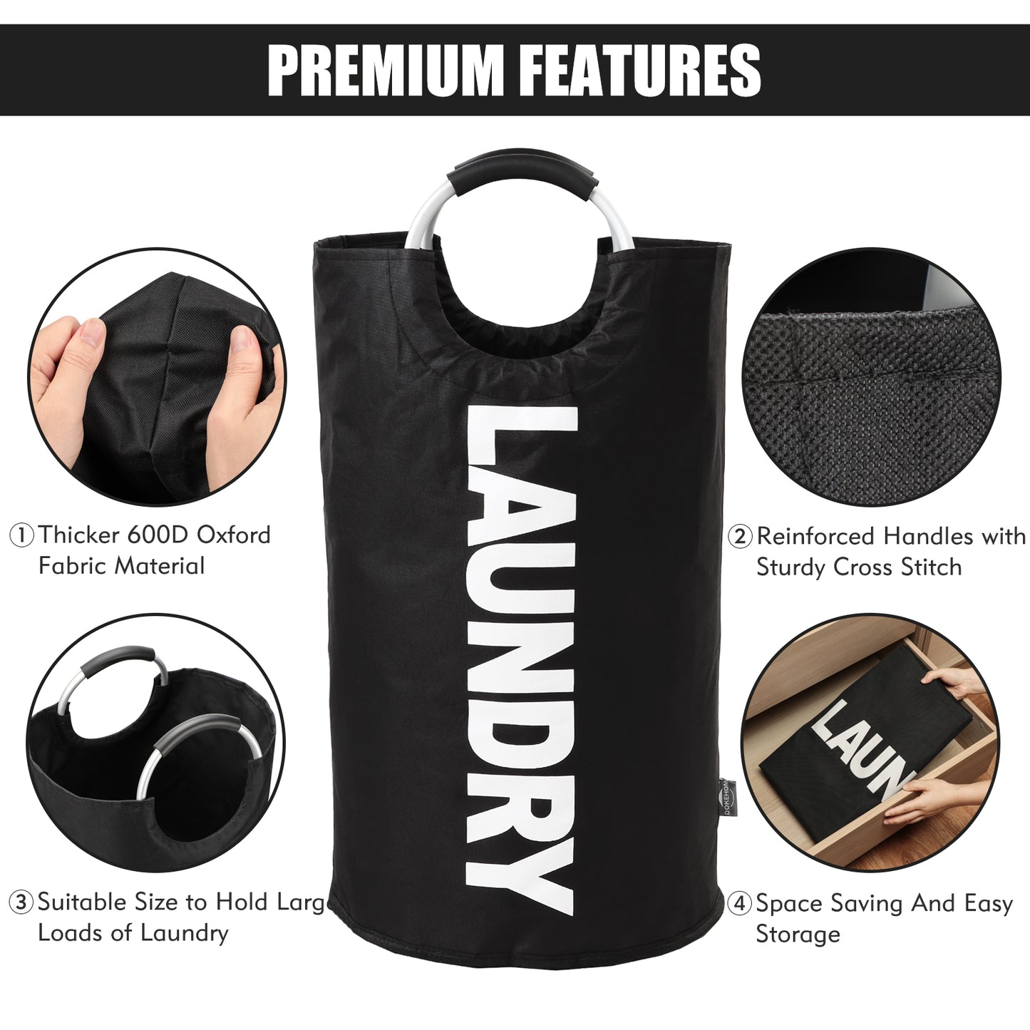 DOKEHOM 125L X-Large Laundry Basket, Collapsible Laundry Bag, Freestanding Tall Clothes Hamper, Foldable Washing Bin (Black)