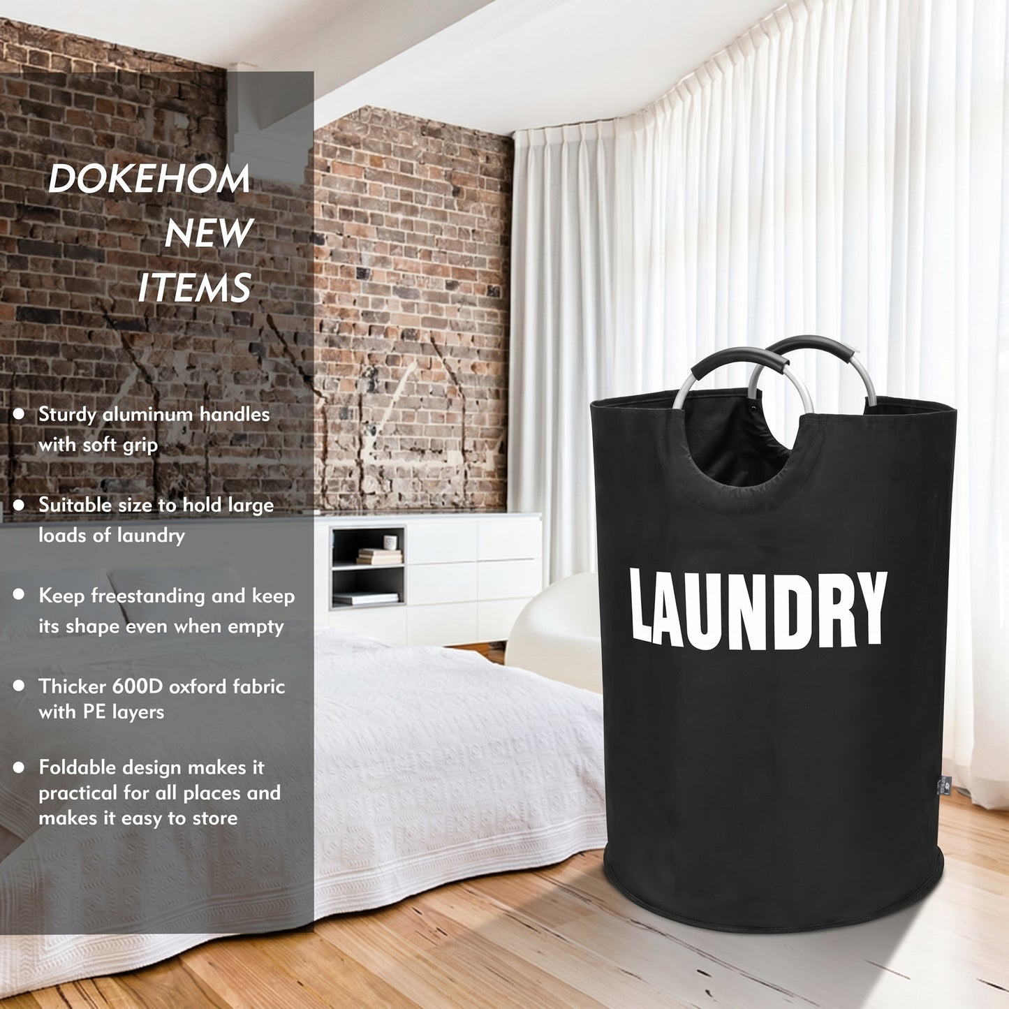 DOKEHOM 160L XX-Large Laundry Basket, Collapsible Laundry Bag, Freestanding Tall Clothes Hamper, Foldable Washing Bin (Black)