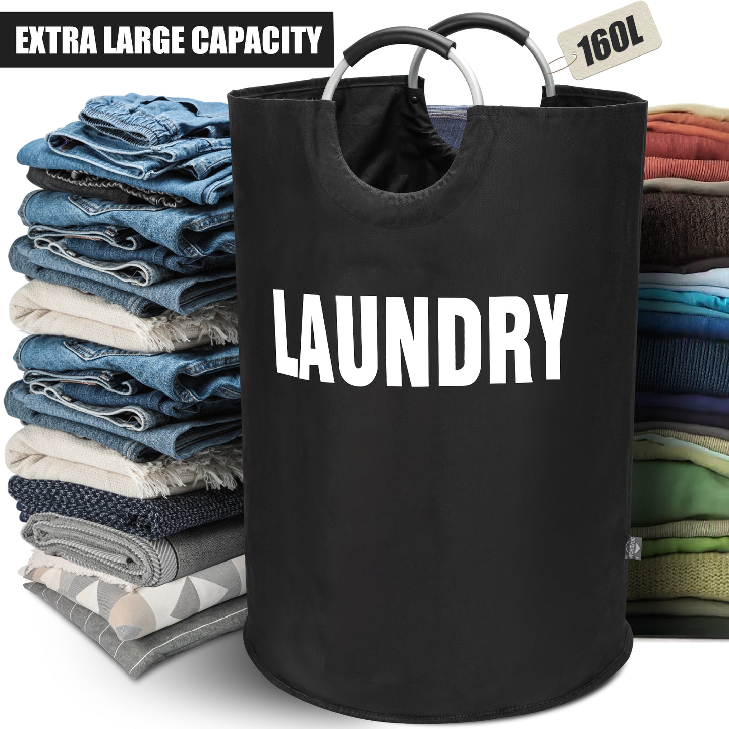 DOKEHOM 160L XX-Large Laundry Basket, Collapsible Laundry Bag, Freestanding Tall Clothes Hamper, Foldable Washing Bin (Black)