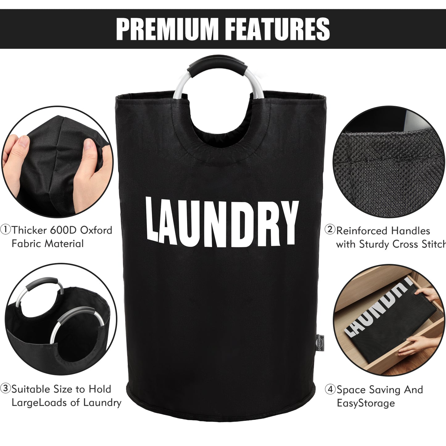 DOKEHOM 160L XX-Large Laundry Basket, Collapsible Laundry Bag, Freestanding Tall Clothes Hamper, Foldable Washing Bin (Black)
