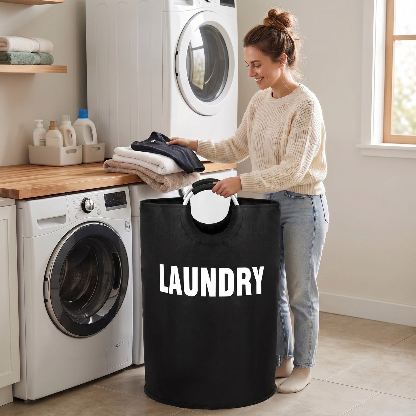 DOKEHOM 160L XX-Large Laundry Basket, Collapsible Laundry Bag, Freestanding Tall Clothes Hamper, Foldable Washing Bin (Black)
