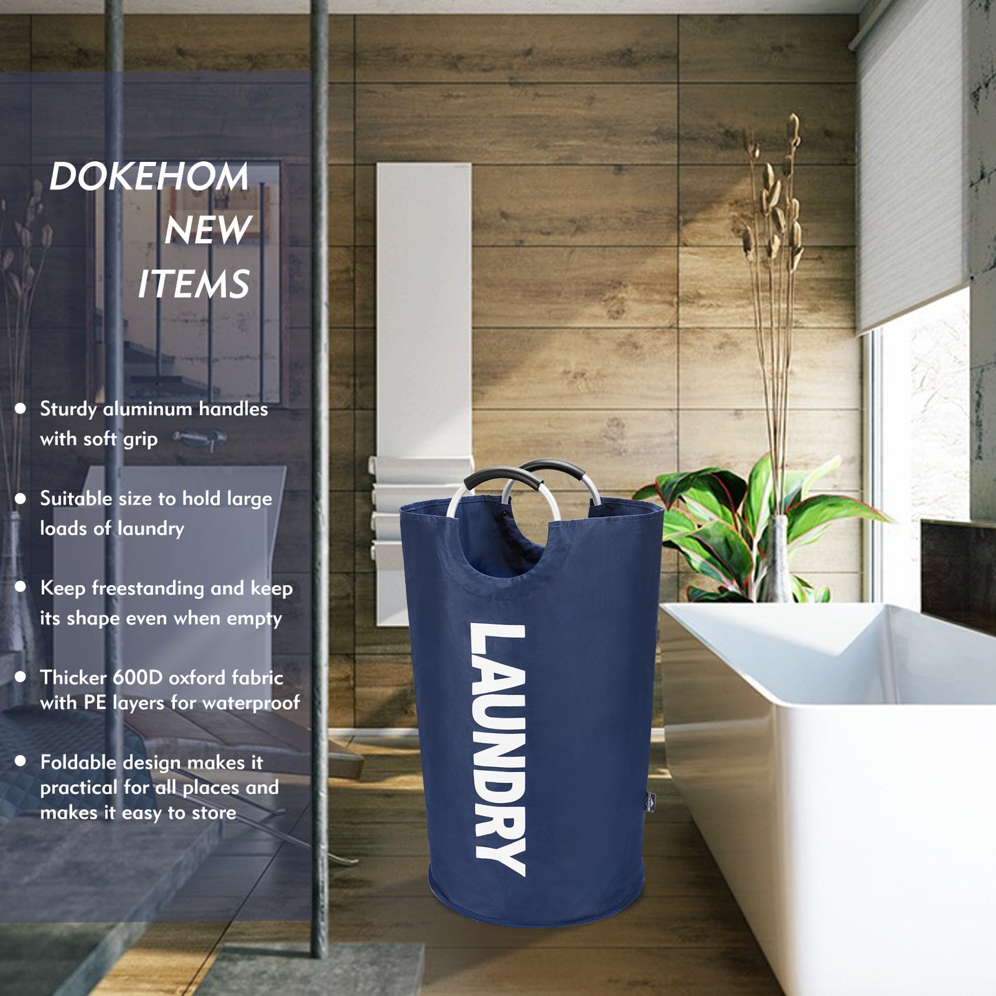 DOKEHOM 90L/125L Large Laundry Basket, Collapsible Laundry Bag, Freestanding Tall Clothes Hamper, Foldable Washing Bin (Dark Blue)