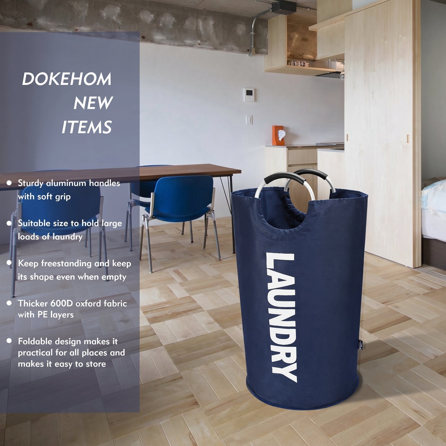 DOKEHOM 125L X-Large Laundry Basket, Collapsible Laundry Bag, Freestanding Tall Clothes Hamper, Foldable Washing Bin (Dark Blue)