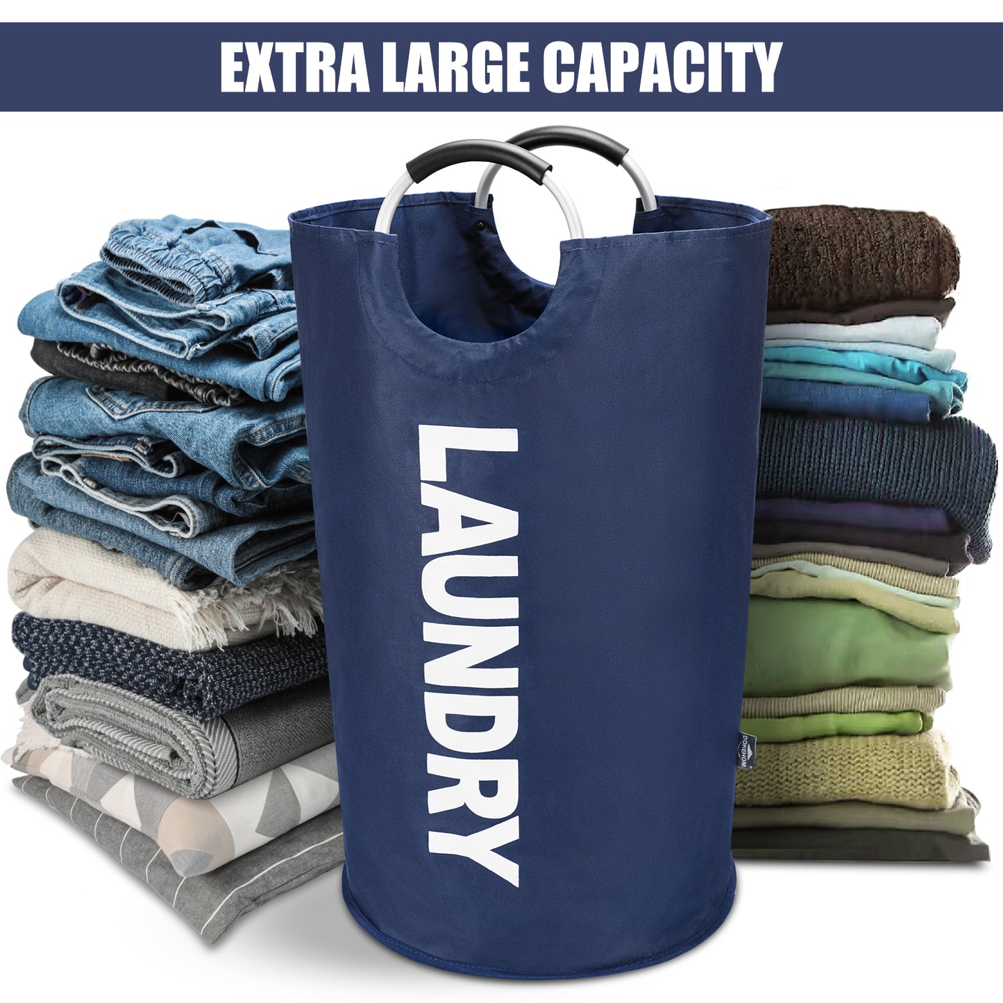 DOKEHOM 125L X-Large Laundry Basket, Collapsible Laundry Bag, Freestanding Tall Clothes Hamper, Foldable Washing Bin (Dark Blue)