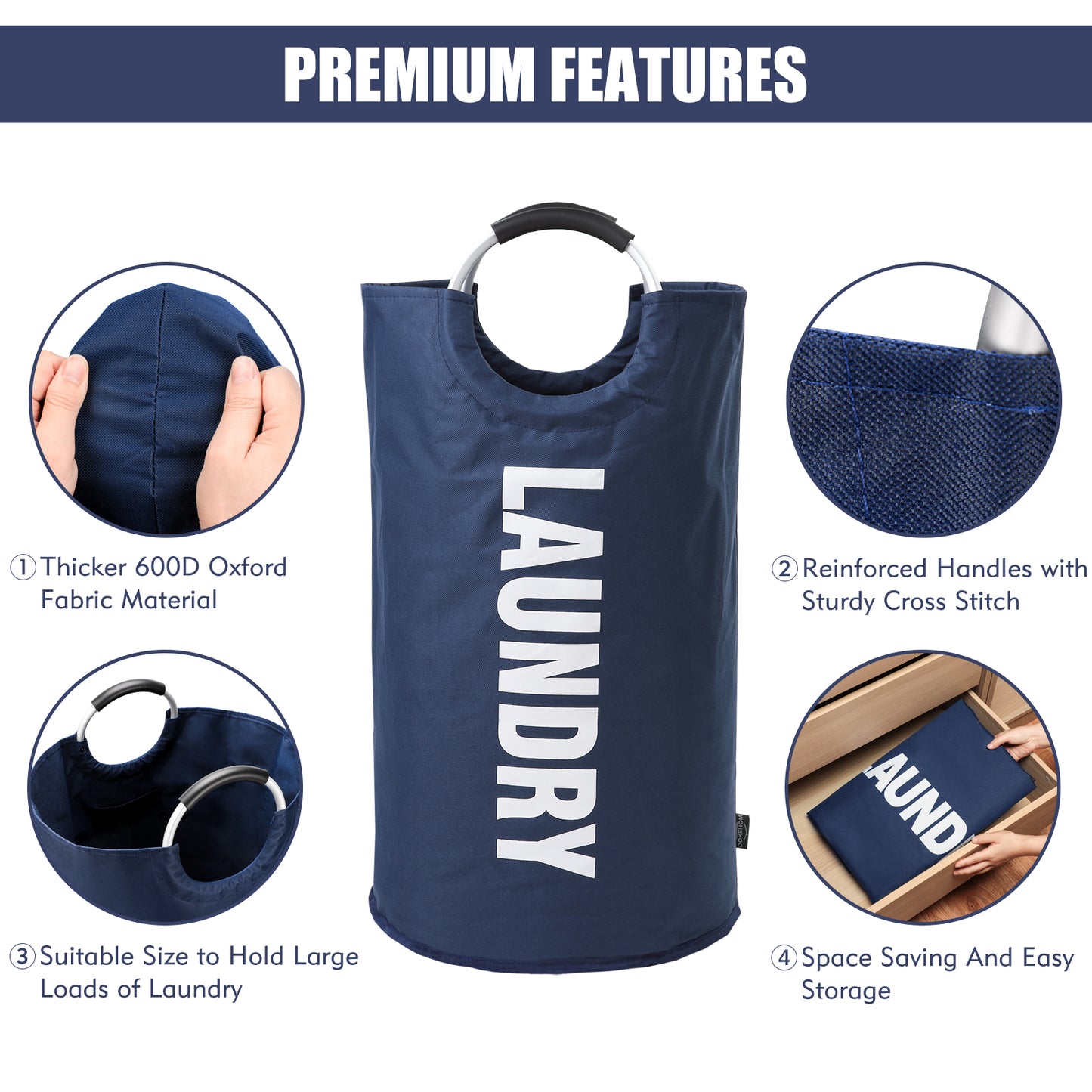 DOKEHOM 125L X-Large Laundry Basket, Collapsible Laundry Bag, Freestanding Tall Clothes Hamper, Foldable Washing Bin (Dark Blue)