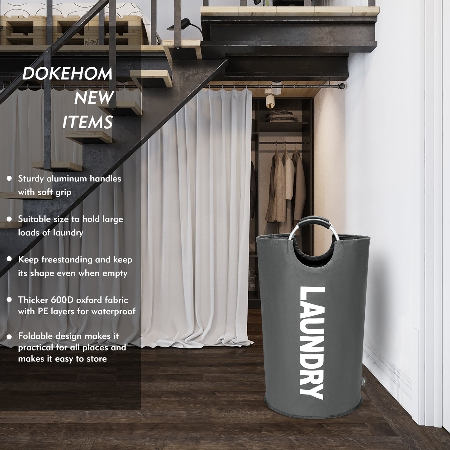 DOKEHOM 90L/125L/160L Large Laundry Basket, Collapsible Laundry Bag, Freestanding Tall Clothes Hamper, Foldable Washing Bin (Dark Grey)