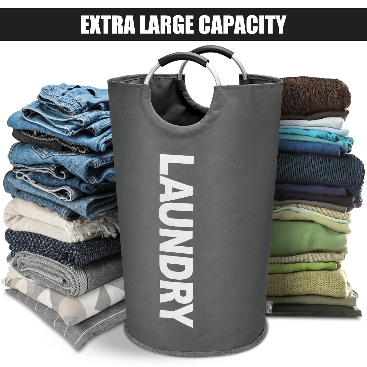 DOKEHOM 125L X-Large Laundry Basket, Collapsible Laundry Bag, Freestanding Tall Clothes Hamper, Foldable Washing Bin (Dark Grey)