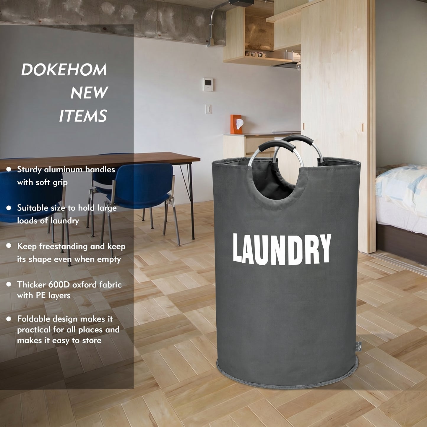 DOKEHOM 160L XX-Large Laundry Basket, Collapsible Laundry Bag, Freestanding Tall Clothes Hamper, Foldable Washing Bin (Dark Grey)
