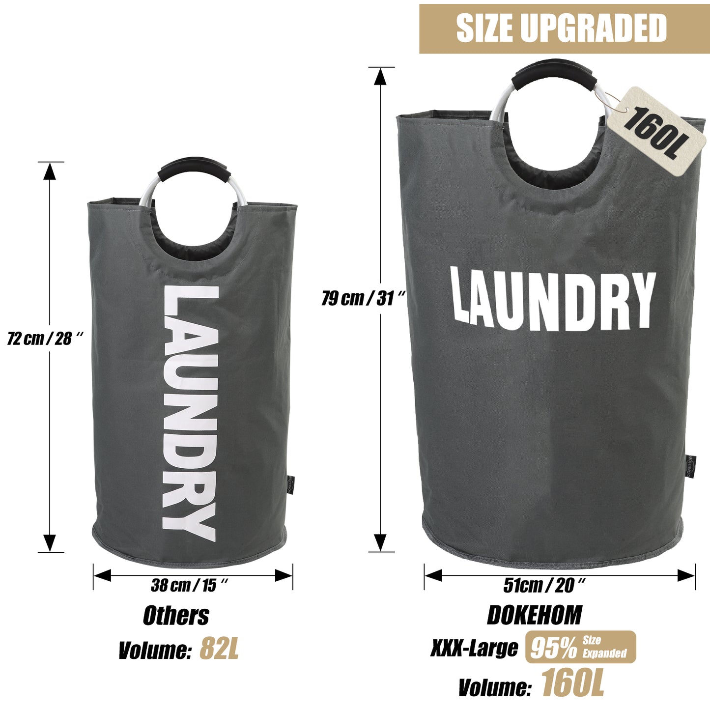 DOKEHOM 160L XX-Large Laundry Basket, Collapsible Laundry Bag, Freestanding Tall Clothes Hamper, Foldable Washing Bin (Dark Grey)