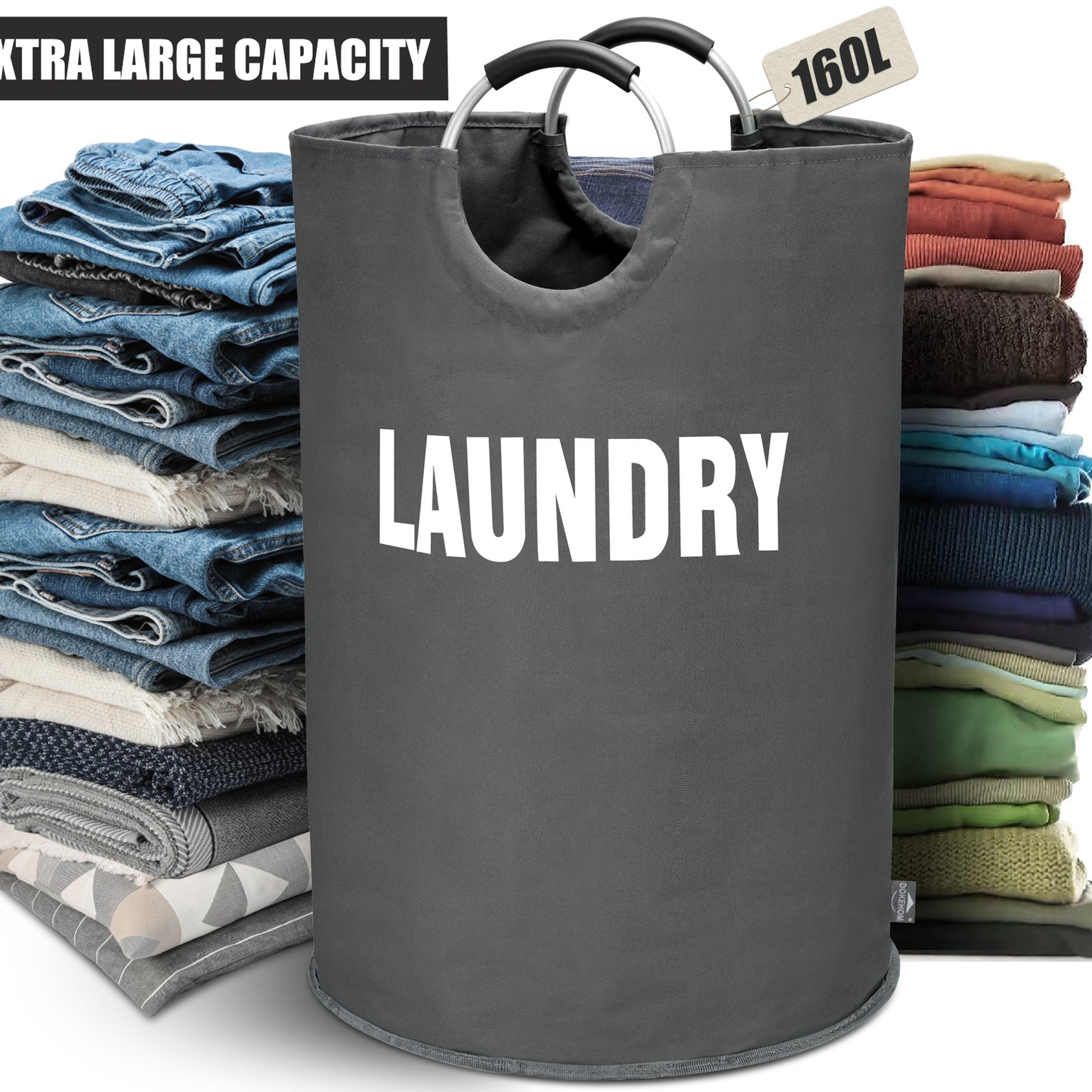 DOKEHOM 160L XX-Large Laundry Basket, Collapsible Laundry Bag, Freestanding Tall Clothes Hamper, Foldable Washing Bin (Dark Grey)