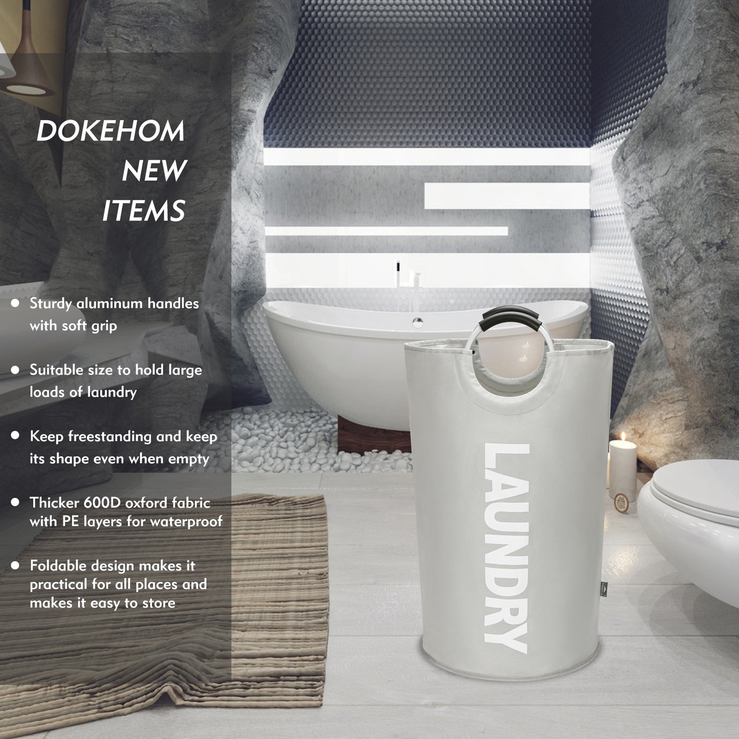 DOKEHOM 125L X-Large Collapsible Washing Laundry Basket Bag (7 Colors) for Bedroom, Fabric (Grey, XL)