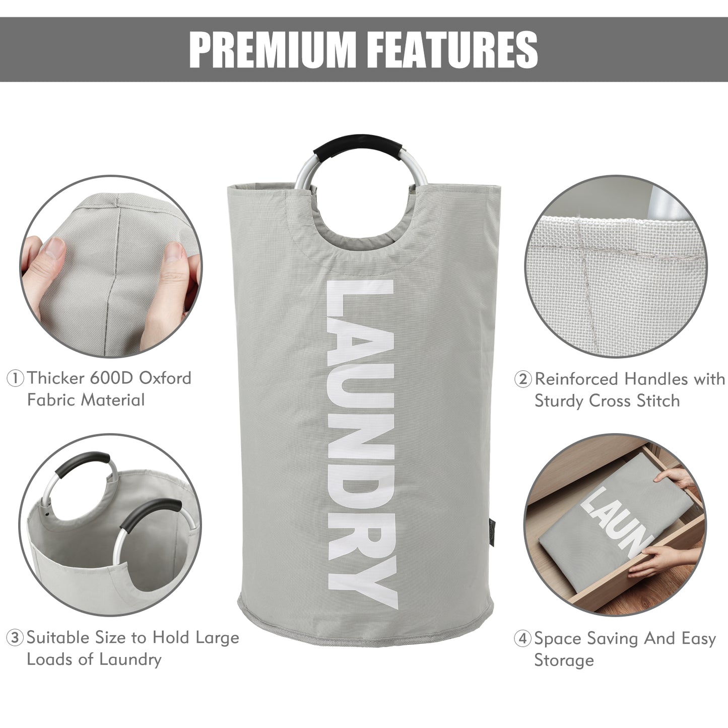 DOKEHOM 125L X-Large Collapsible Washing Laundry Basket Bag (7 Colors) for Bedroom, Fabric (Grey, XL)