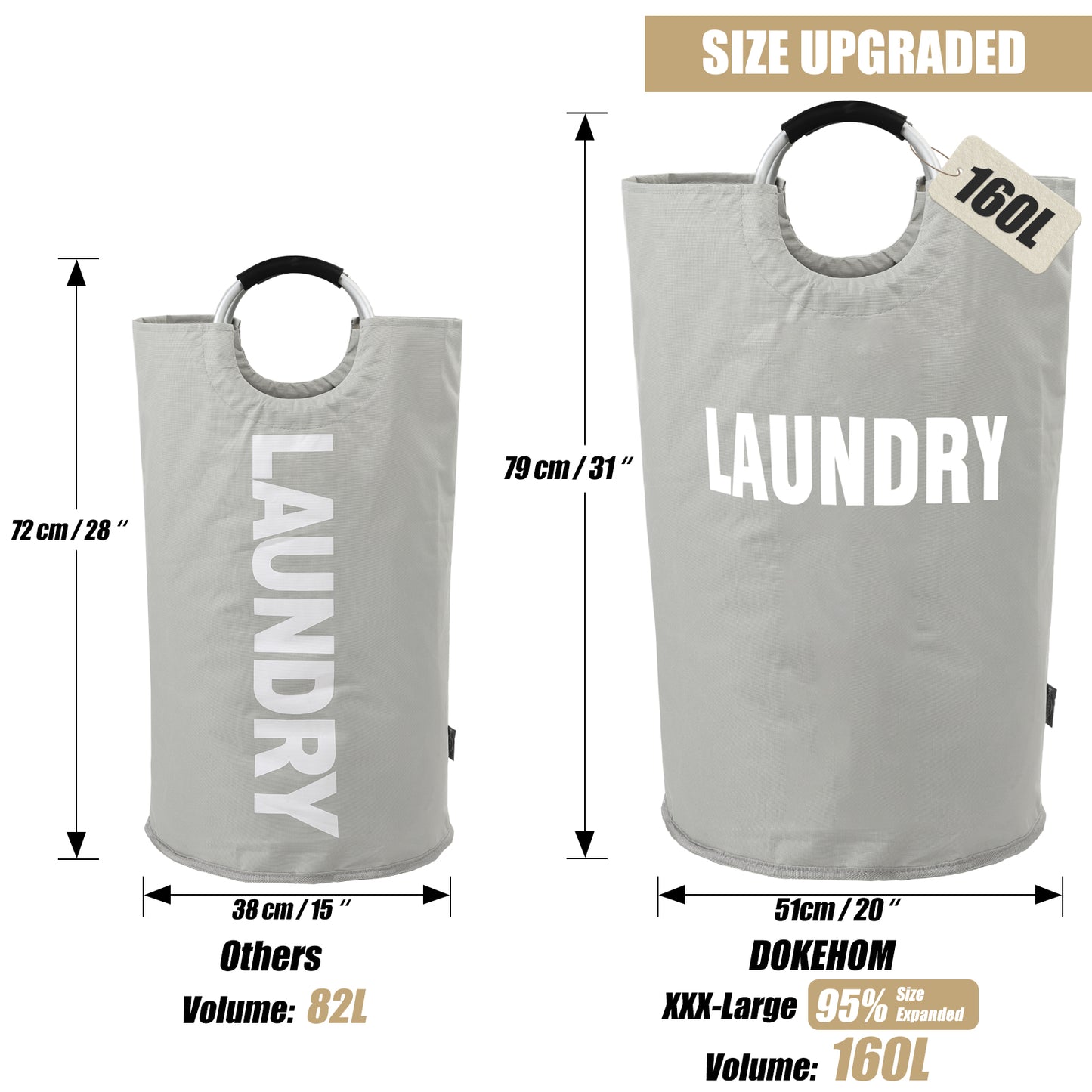 DOKEHOM 160L XX-Large Laundry Basket (7 Colors), Collapsible Laundry Bag, Foldable Laundry Hamper, Folding Washing Bin (Grey, XXL)