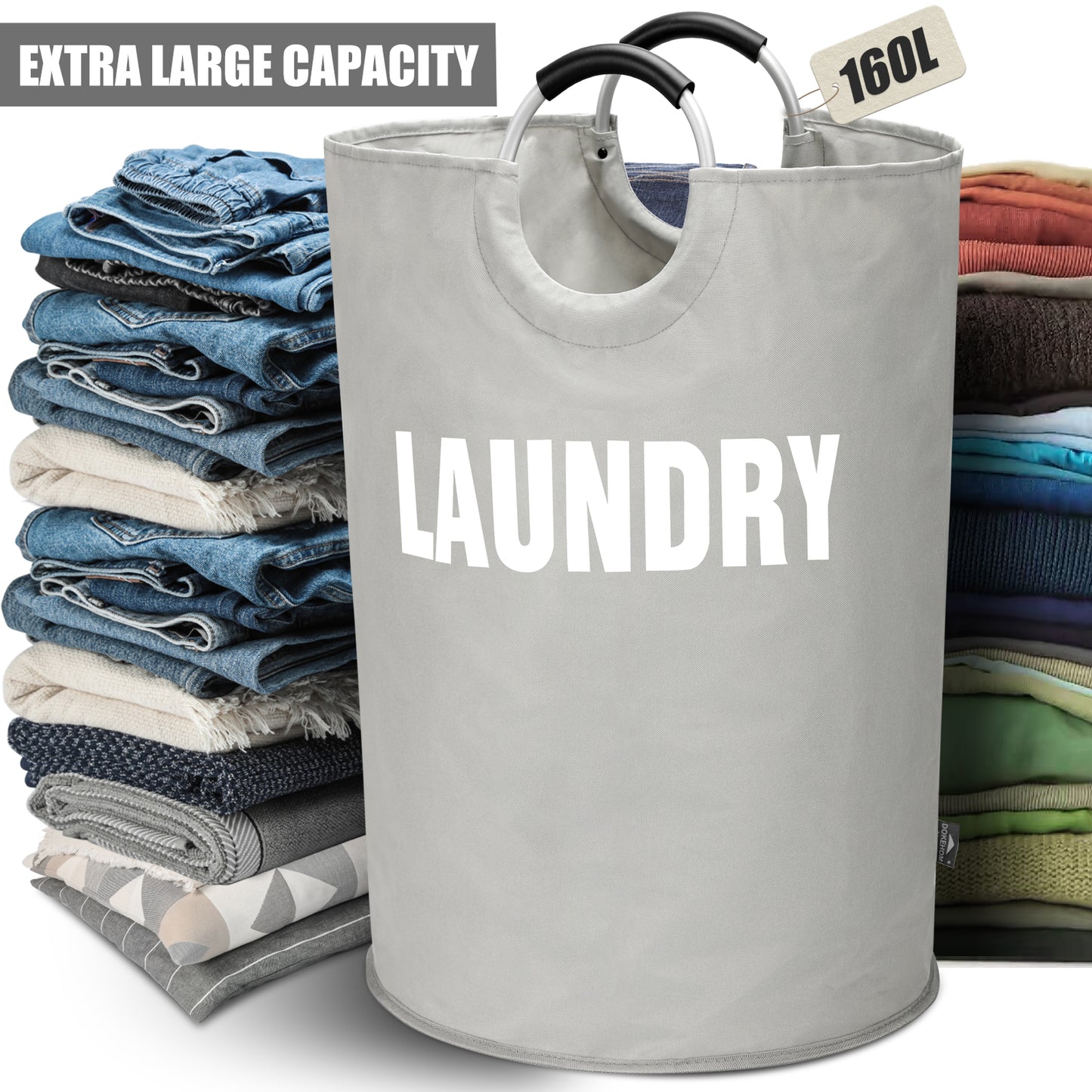 DOKEHOM 160L XX-Large Laundry Basket (7 Colors), Collapsible Laundry Bag, Foldable Laundry Hamper, Folding Washing Bin (Grey, XXL)