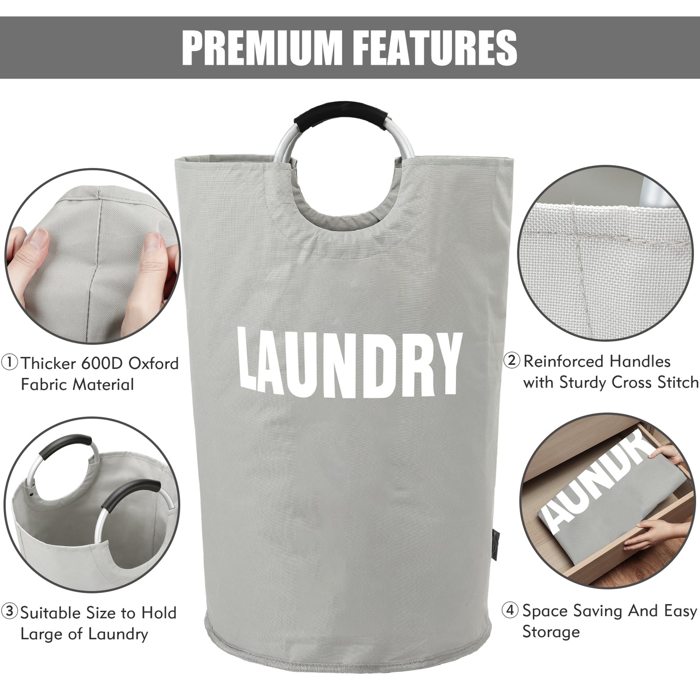 DOKEHOM 160L XX-Large Laundry Basket (7 Colors), Collapsible Laundry Bag, Foldable Laundry Hamper, Folding Washing Bin (Grey, XXL)