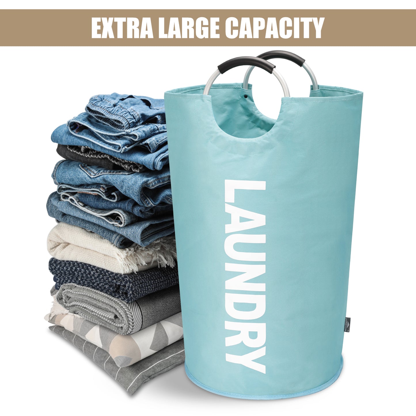 DOKEHOM 90L/125L Large Laundry Basket, Collapsible Laundry Bag, Freestanding Tall Clothes Hamper, Foldable Washing Bin (Light Blue)