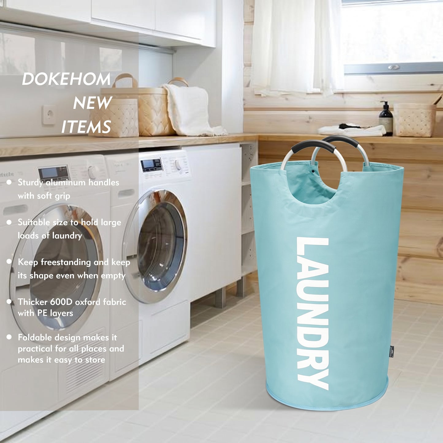 DOKEHOM 125L X-Large Laundry Basket, Collapsible Laundry Bag, Freestanding Tall Clothes Hamper, Foldable Washing Bin (Light Blue)