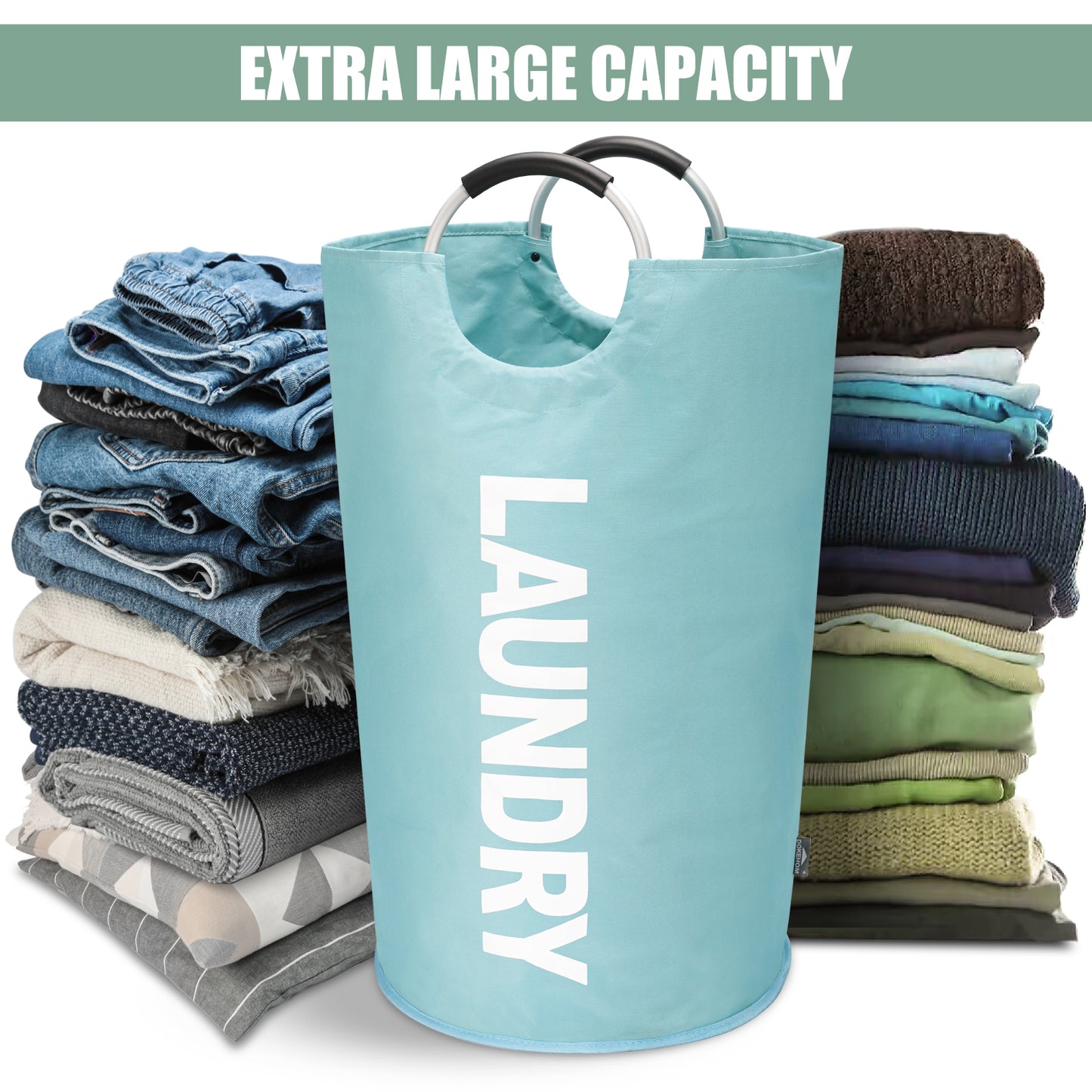 DOKEHOM 125L X-Large Laundry Basket, Collapsible Laundry Bag, Freestanding Tall Clothes Hamper, Foldable Washing Bin (Light Blue)